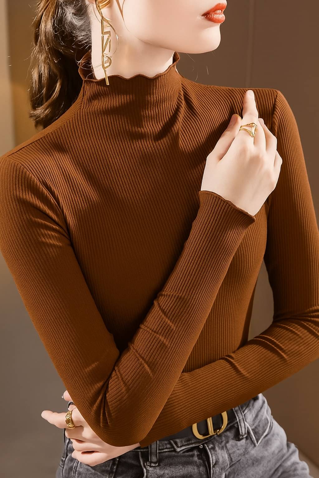     			Traquila Women Lycra Solid Slim Fit High Neck T-Shirt ( Brown )