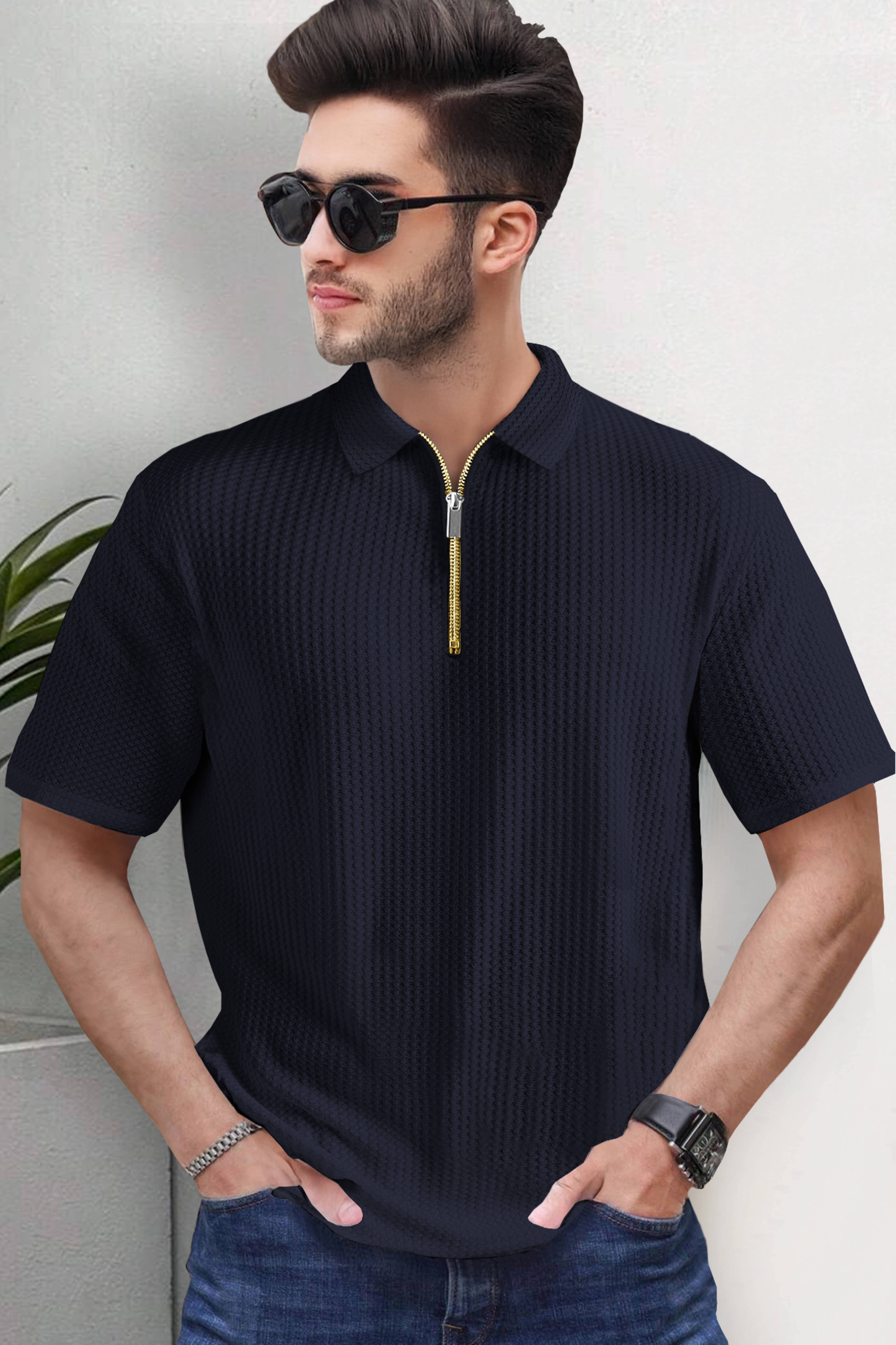     			Tripr Men Cotton Blend Regular Fit Striped Polo T Shirt ( Navy )
