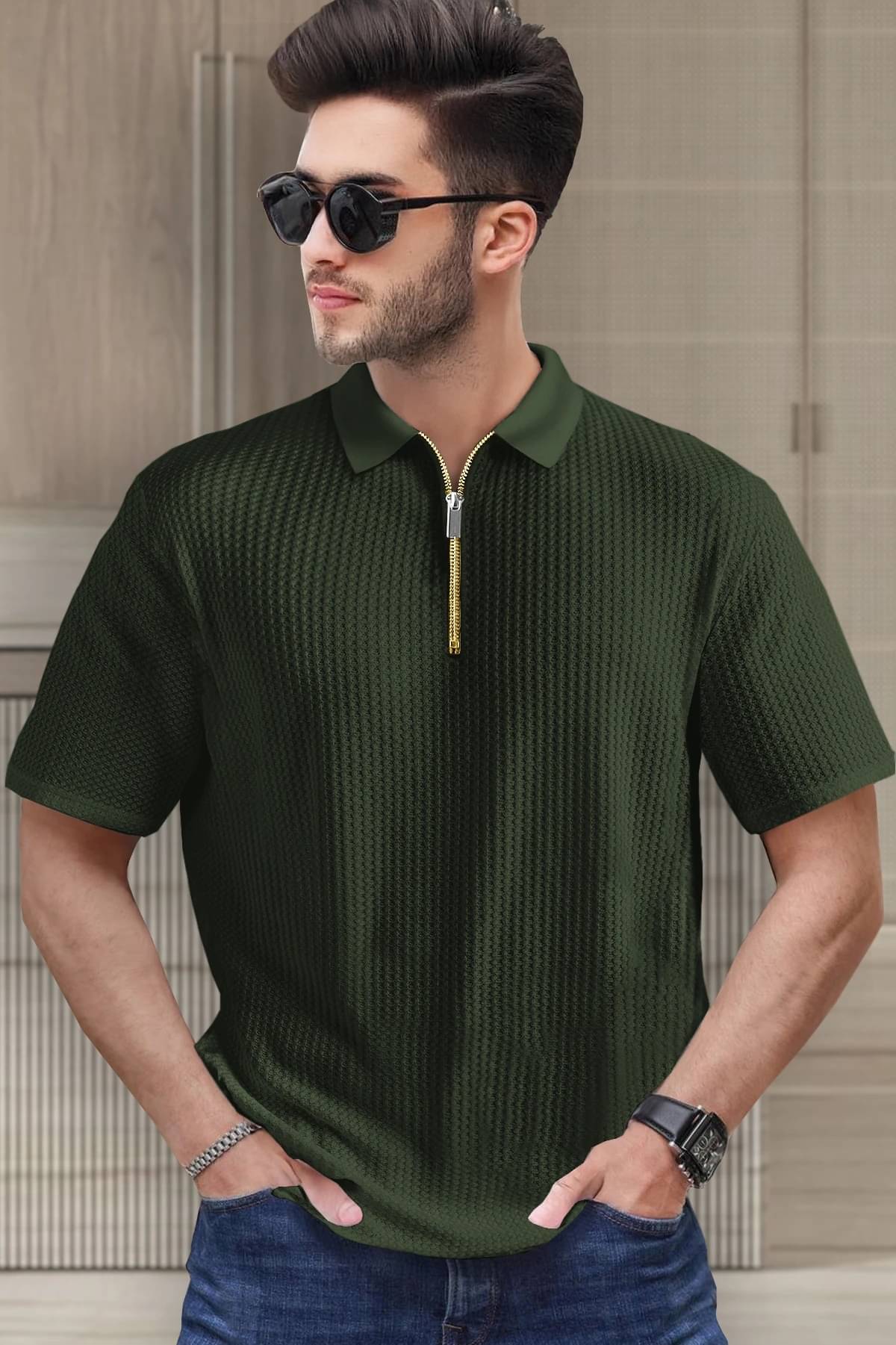     			Tripr Men Cotton Blend Regular Fit Striped Polo T Shirt ( Dark Green )