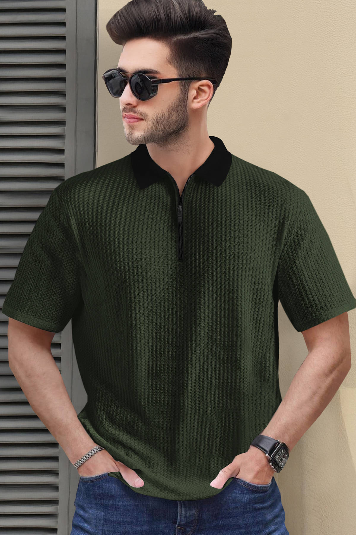 Tripr Men Cotton Blend Regular Fit Striped Polo T Shirt ( Dark Green ) Tripr Men Cotton Blend Regular Fit Striped Polo T Shirt ( Dark Green )