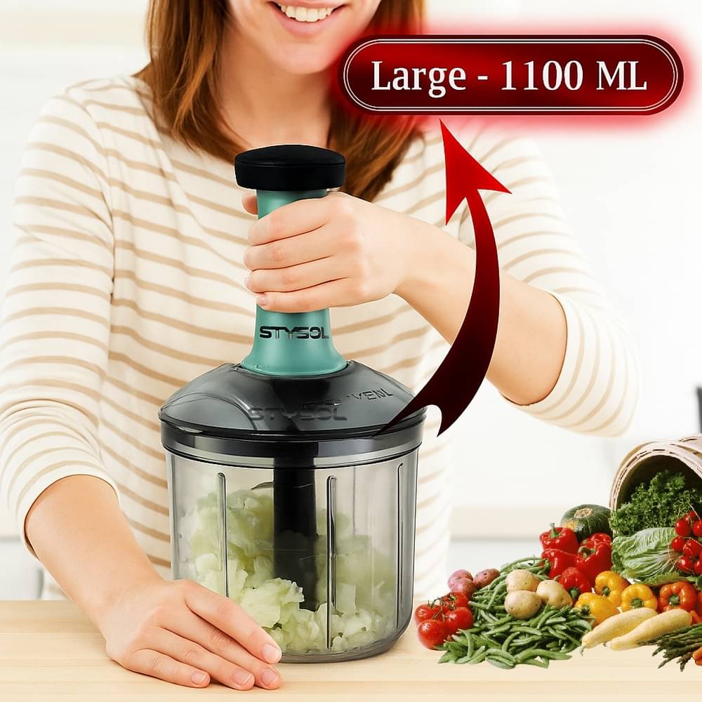 1100 ML Handy Push Chopper Vegetable & Fruit Cutter, Special Cutter for Onion Chopper, with 5 Stainless Steel Blade and Pull Cord Technology 1100 ML Handy Push Chopper Vegetable & Fruit Cutter, Special Cutter for Onion Chopper, with 5 Stainless Steel Blade and Pull Cord Technology