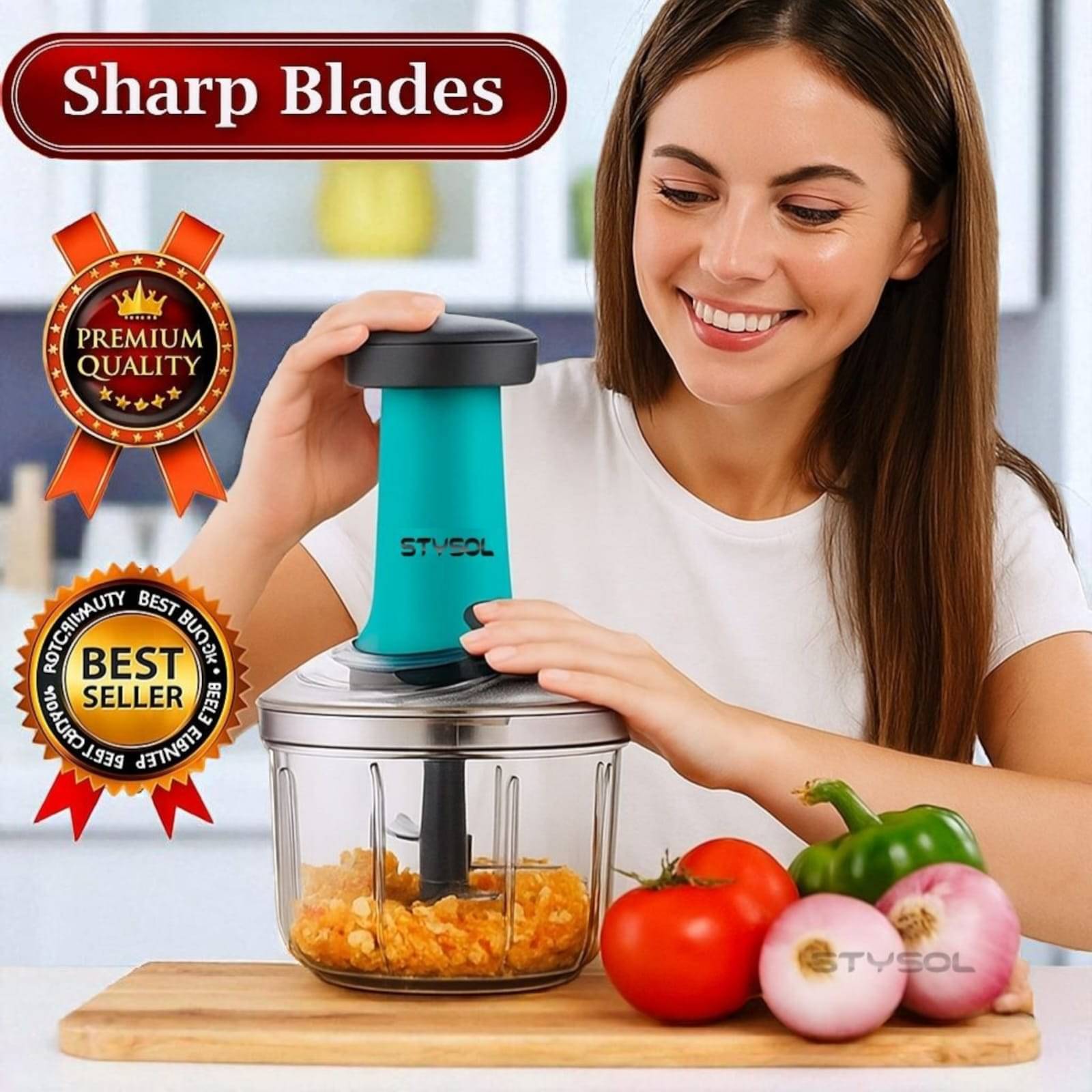 1100 ML Handy Push Chopper Vegetable & Fruit Cutter, Special Cutter for Onion Chopper, with 5 Stainless Steel Blade and Pull Cord Technology 1100 ML Handy Push Chopper Vegetable & Fruit Cutter, Special Cutter for Onion Chopper, with 5 Stainless Steel Blade and Pull Cord Technology