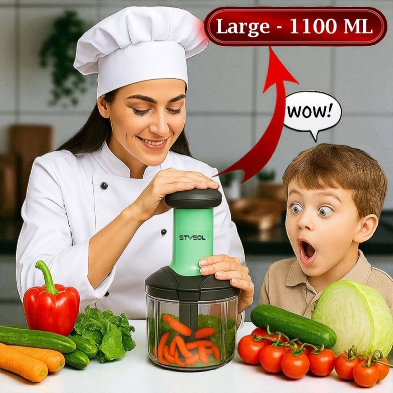     			1100 ML Handy Push Chopper Vegetable & Fruit Cutter, Special Cutter for Onion Chopper, with 5 Stainless Steel Blade and Pull Cord Technology