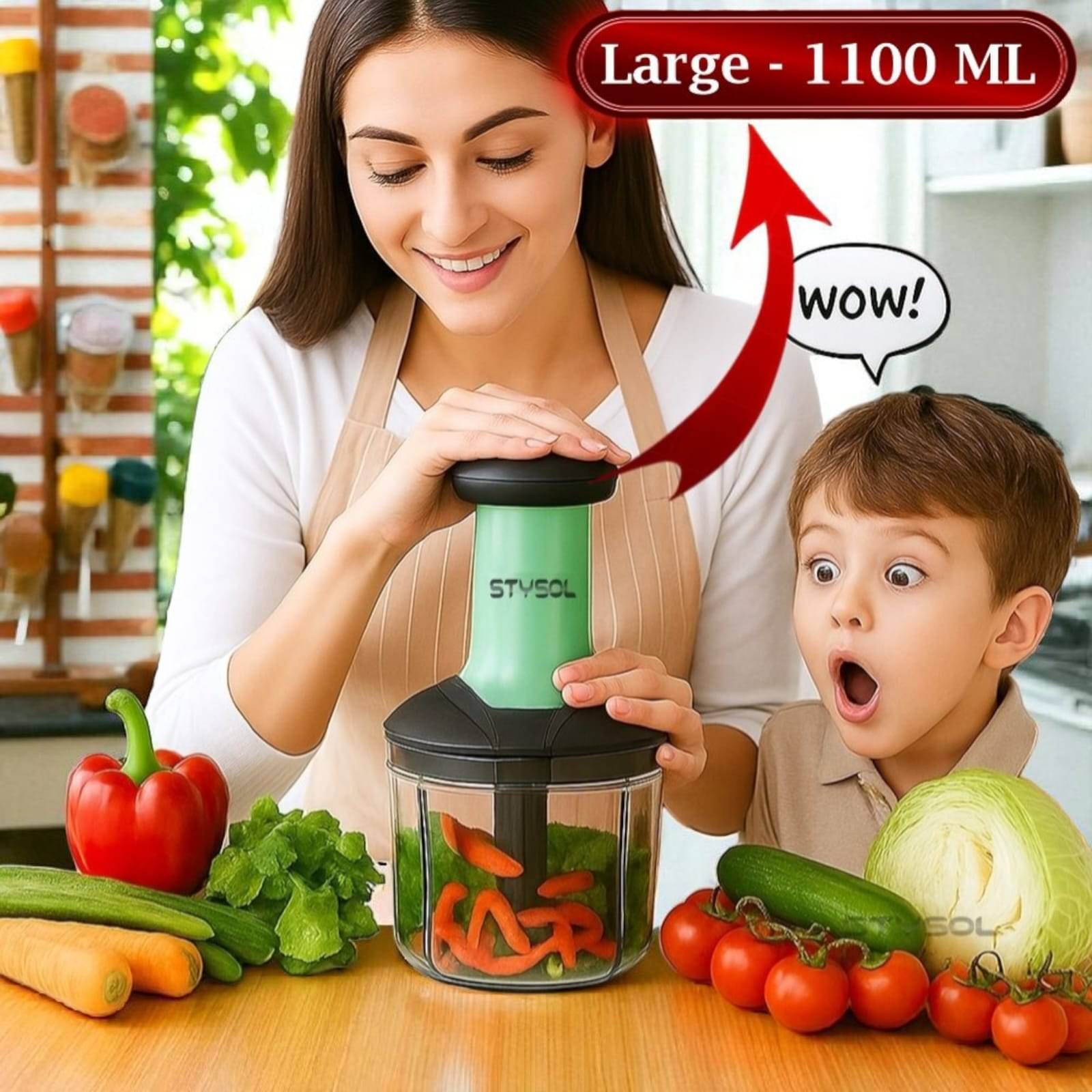     			1100 ML Handy Push Chopper Vegetable & Fruit Cutter, Special Cutter for Onion Chopper, with 5 Stainless Steel Blade and Pull Cord Technology