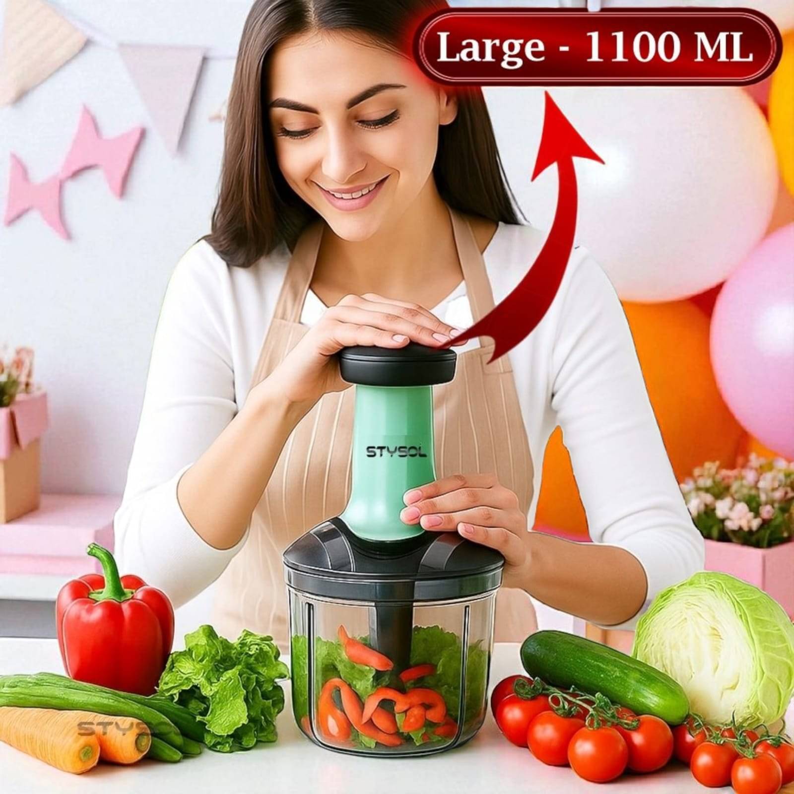 1100 ML Handy Push Chopper Vegetable & Fruit Cutter, Special Cutter for Onion Chopper, with 5 Stainless Steel Blade and Pull Cord Technology 1100 ML Handy Push Chopper Vegetable & Fruit Cutter, Special Cutter for Onion Chopper, with 5 Stainless Steel Blade and Pull Cord Technology