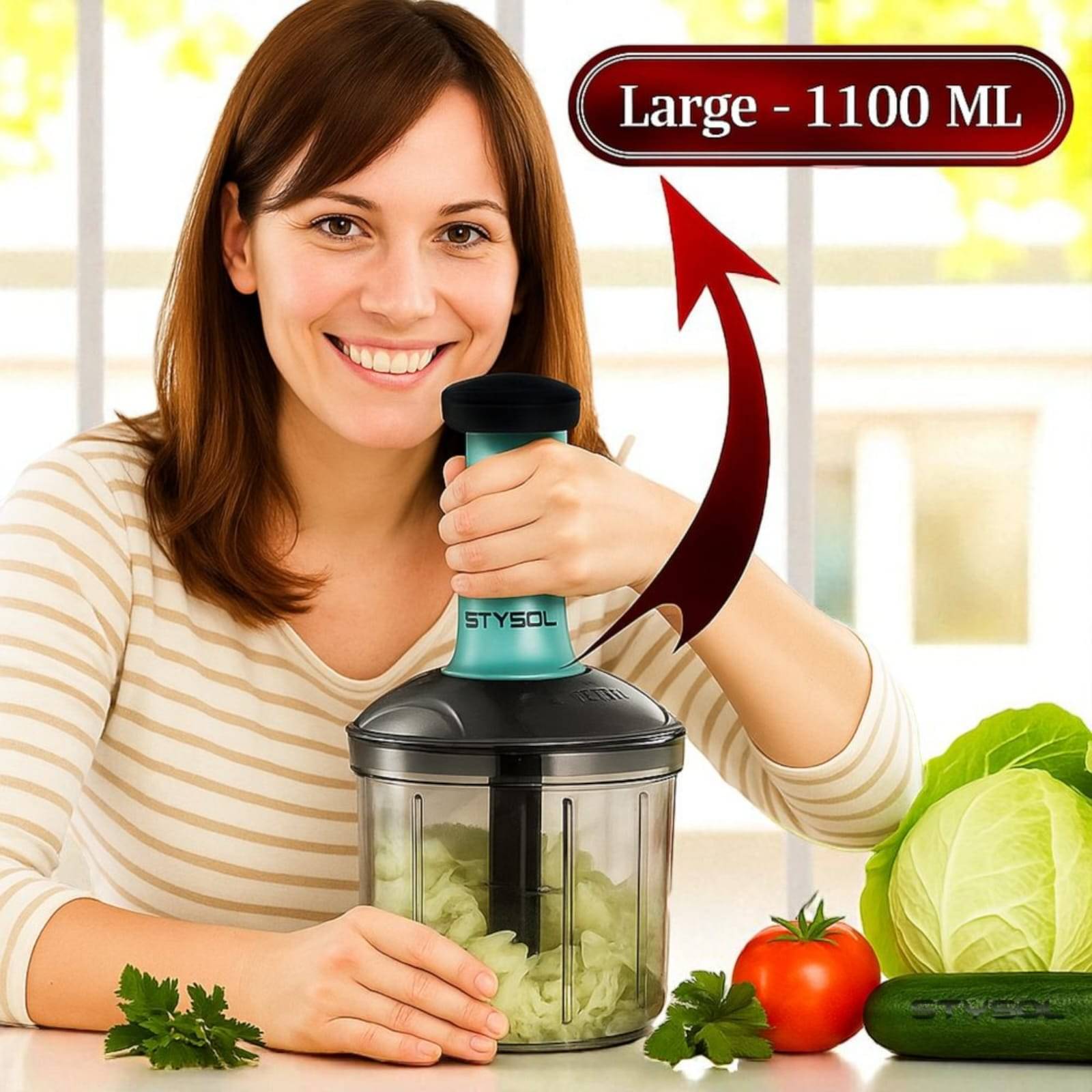     			1100 ML Handy Push Chopper Vegetable & Fruit Cutter, Special Cutter for Onion Chopper, with 5 Stainless Steel Blade and Pull Cord Technology