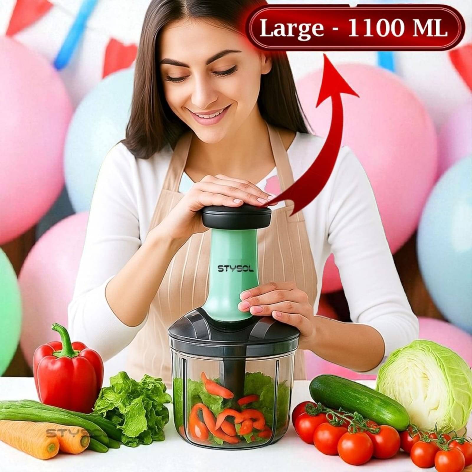     			1100 ML Large Quick & Powerful Hand Held Food Chopper to Chop & Cut Fruits, Vegetables, Herbs, Onions for Salsa, Salad, Pesto, Hummus, Guacamole (Premium) | 3 Stainless Steel Blades
