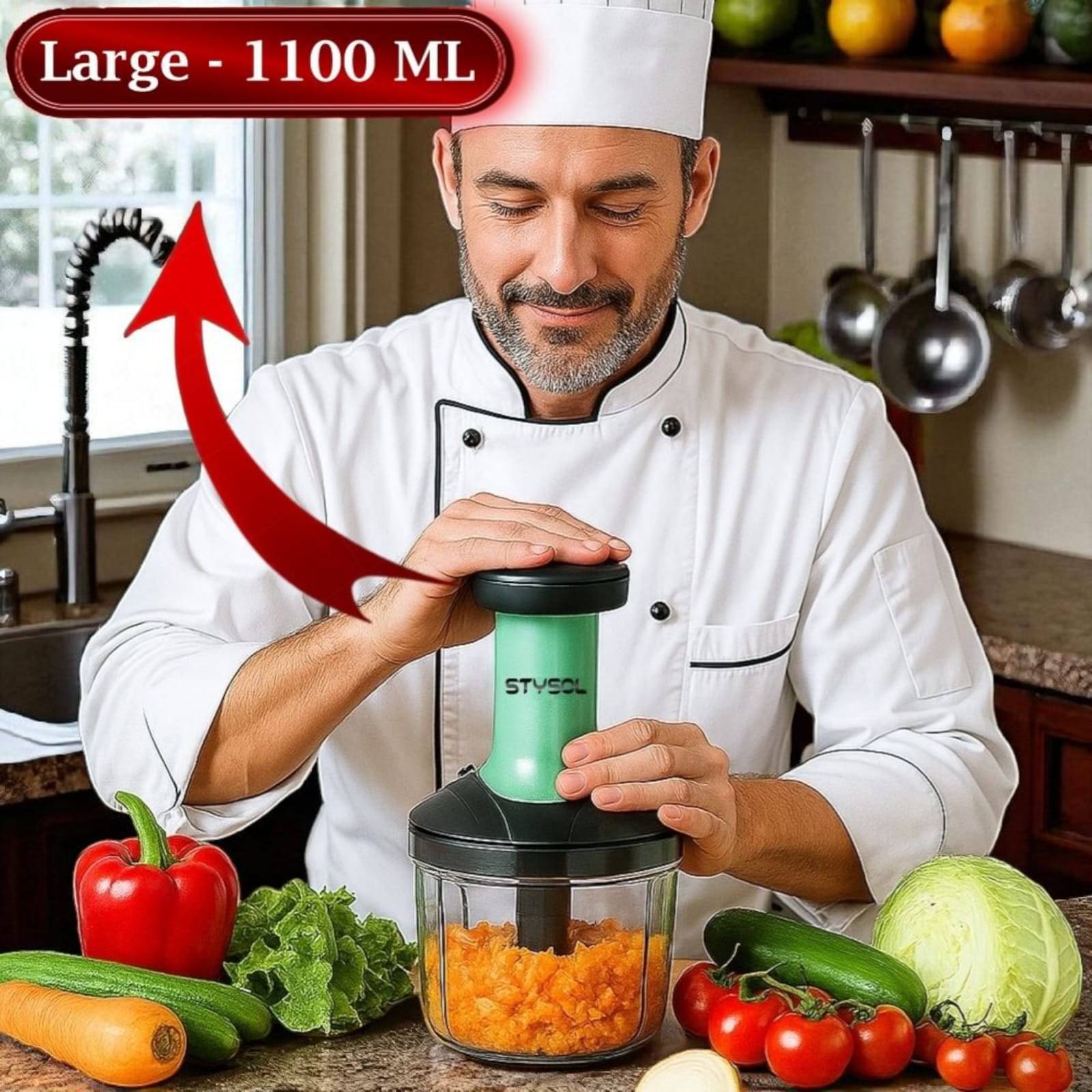 1100 ML Large Quick & Powerful Hand Held Food Chopper to Chop & Cut Fruits, Vegetables, Herbs, Onions for Salsa, Salad, Pesto, Hummus, Guacamole (Premium) | 3 Stainless Steel Blades 1100 ML Large Quick & Powerful Hand Held Food Chopper to Chop & Cut Fruits, Vegetables, Herbs, Onions for Salsa, Salad, Pesto, Hummus, Guacamole (Premium) | 3 Stainless Steel Blades