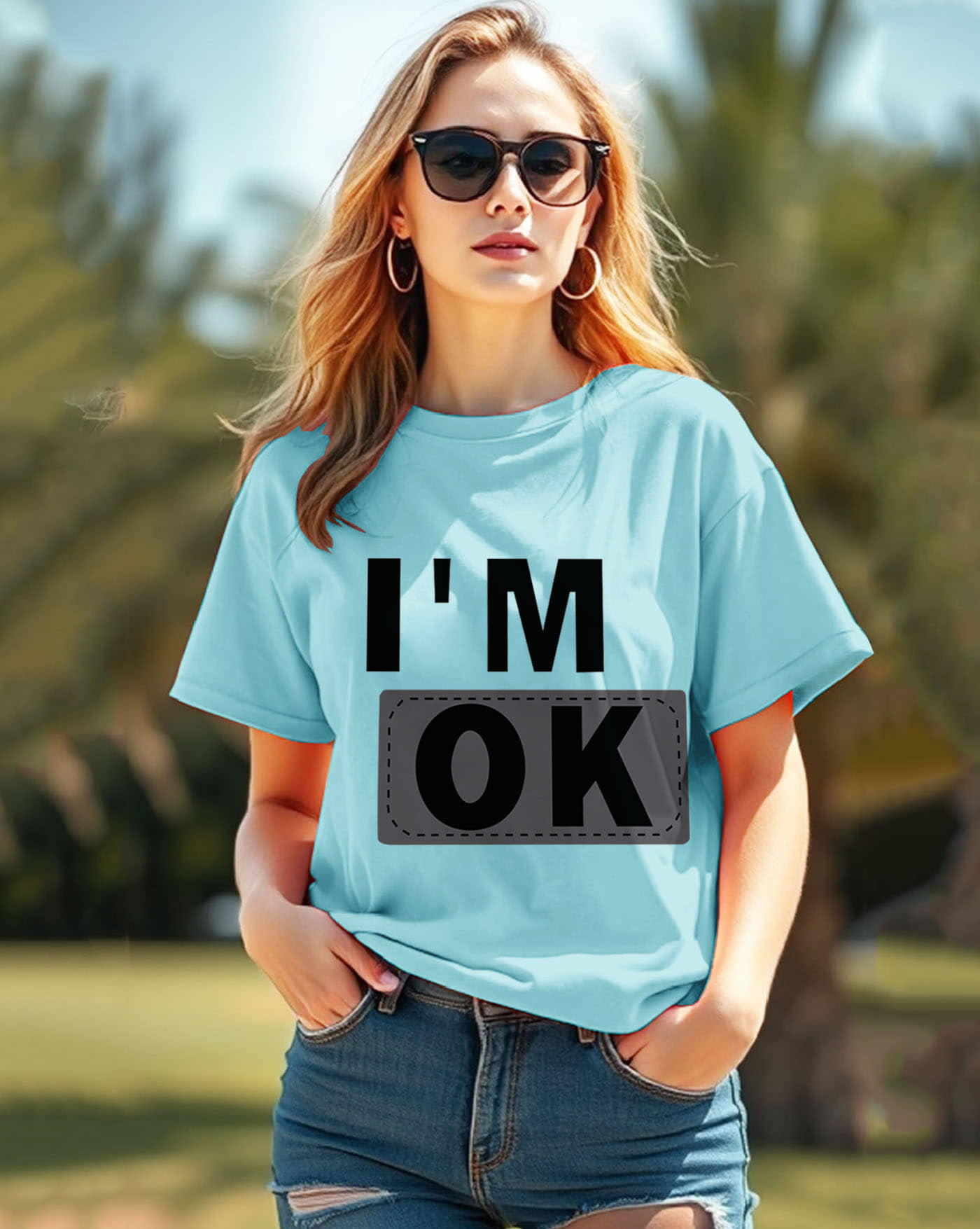 AOOSH Women Cotton Blend Printed Oversized Fit Round Neck T-Shirt ( Light Blue )
