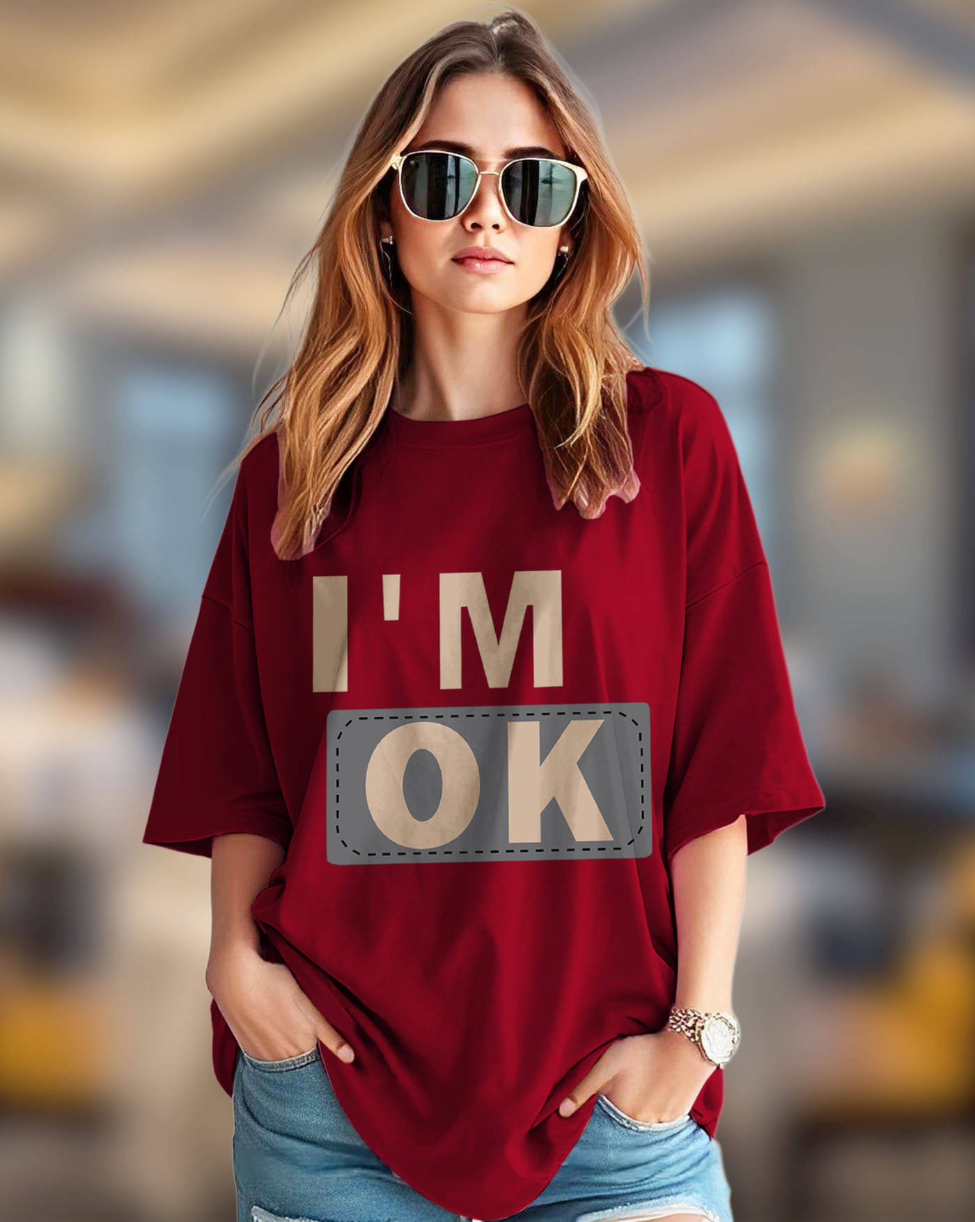     			AOOSH Women Cotton Blend Printed Oversized Fit Round Neck T-Shirt ( Maroon )