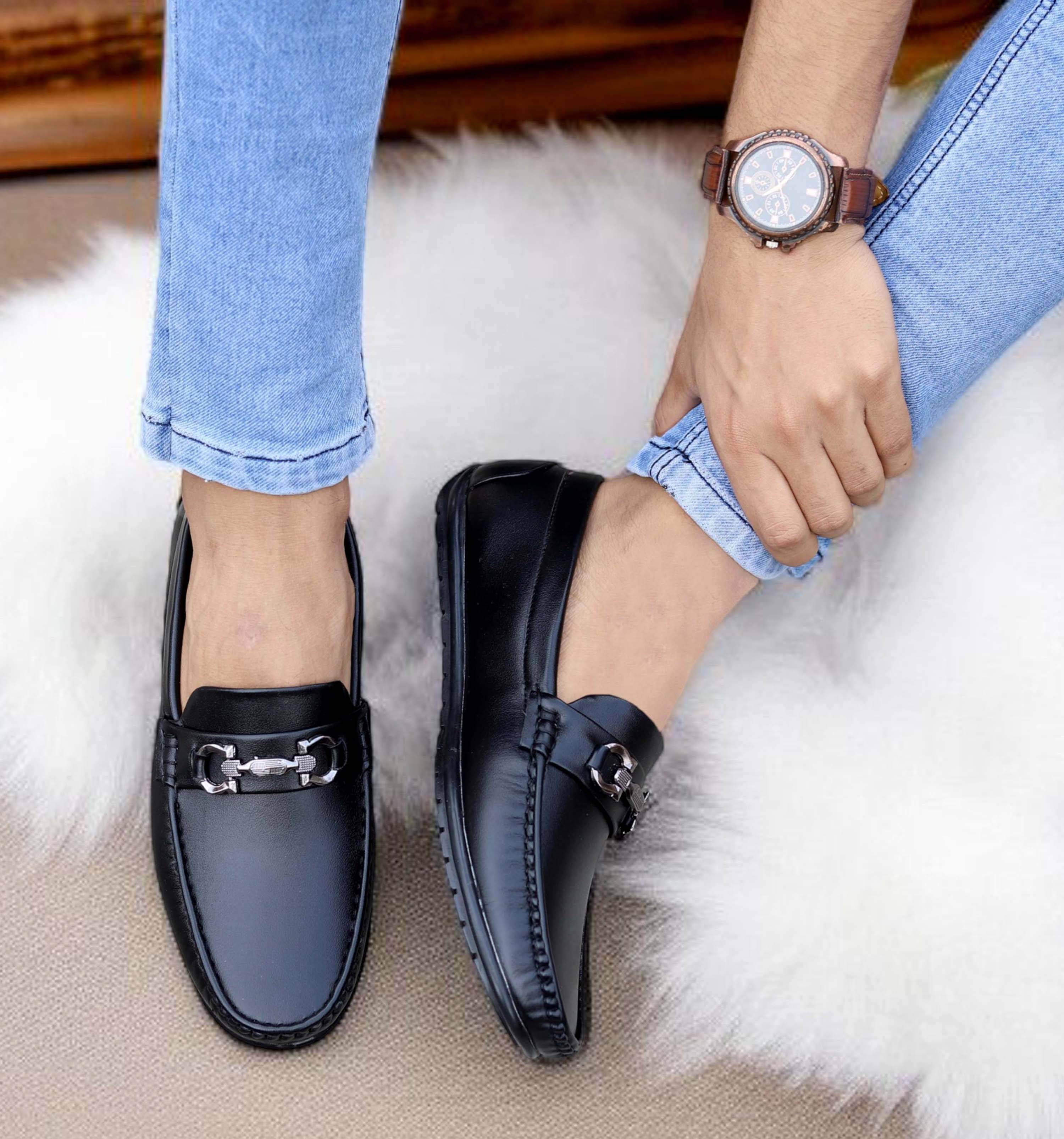     			Aadi Black Men's Slip on Shoes