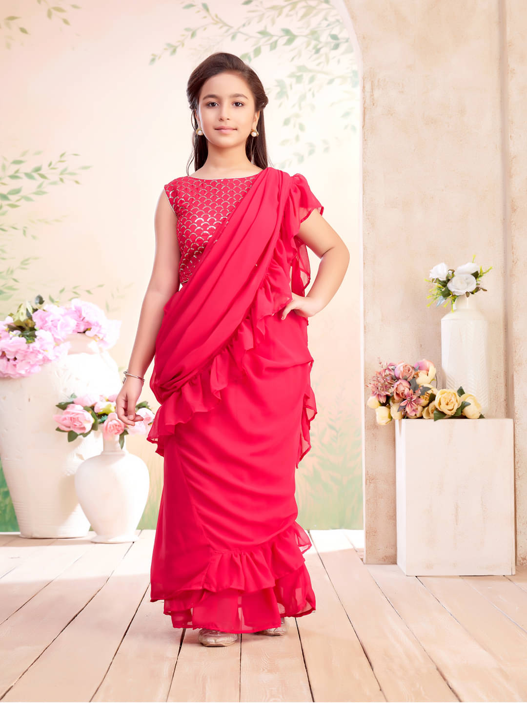     			Aarika Georgette Ready To Wear Saree For Girls ( Pink , Pack of 1 )