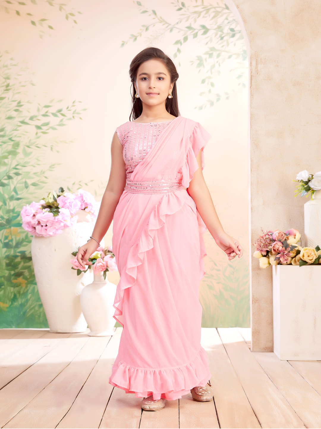     			Aarika Georgette Ready To Wear Saree For Girls ( Pink , Pack of 1 )