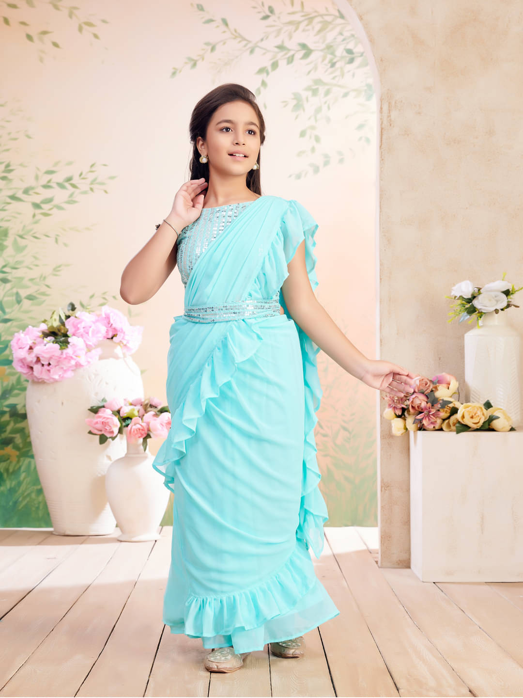     			Aarika Georgette Ready To Wear Saree For Girls ( Sea Green , Pack of 1 )