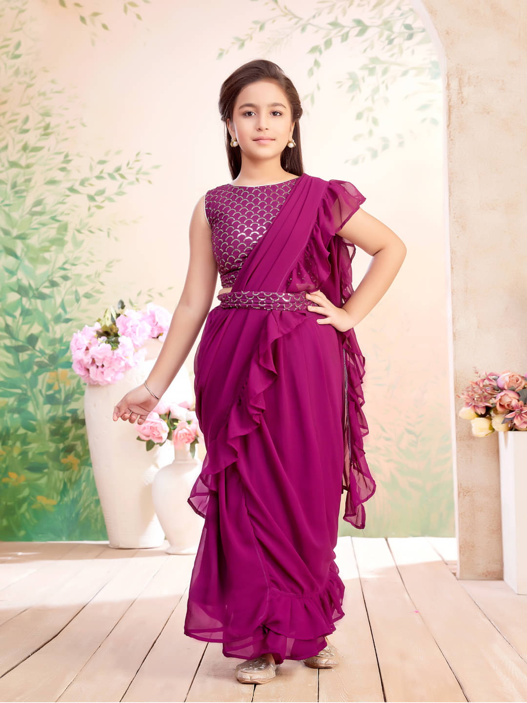     			Aarika Georgette Ready To Wear Saree For Girls ( Purple , Pack of 1 )