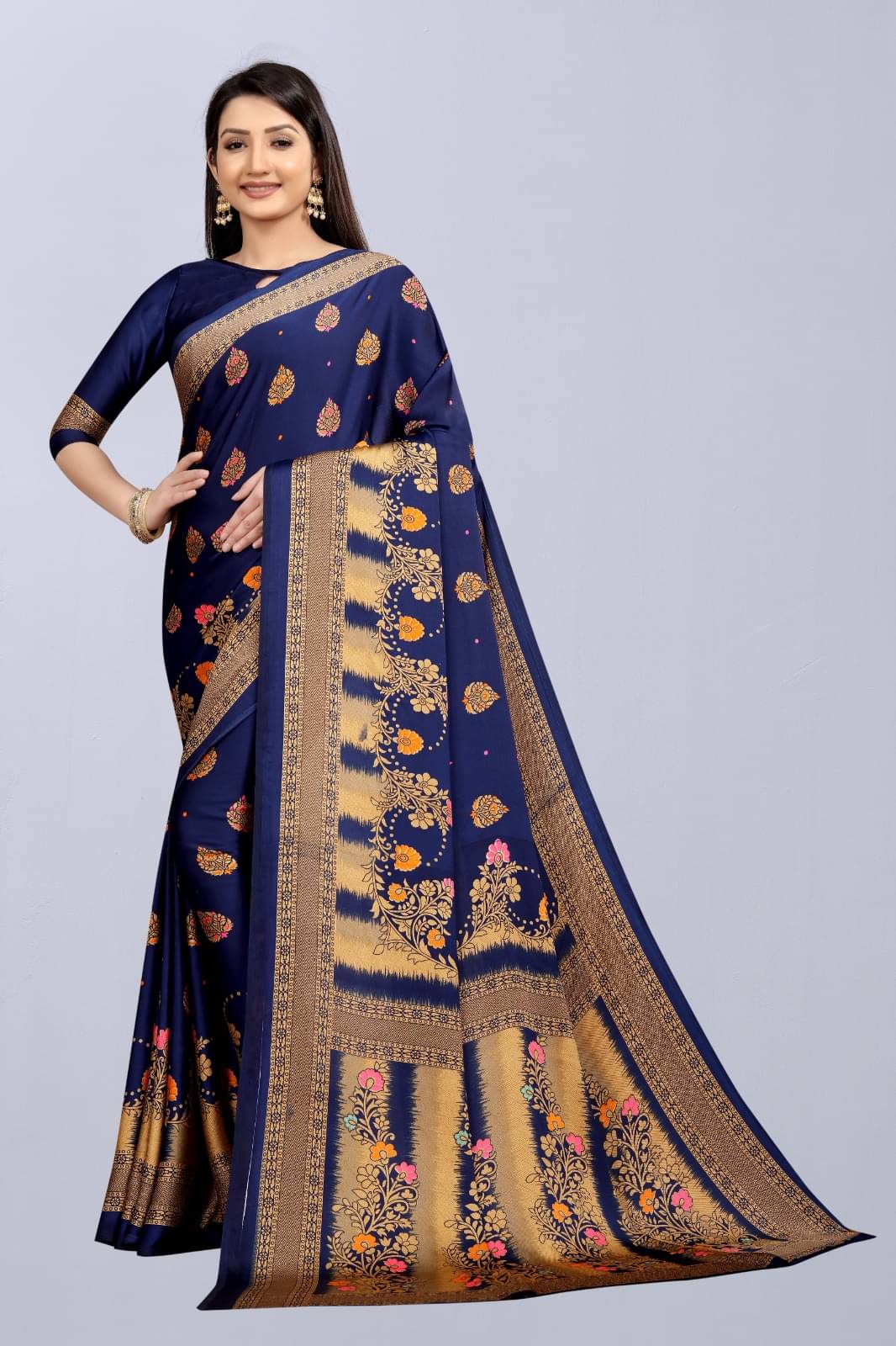     			BLEESBURY Crepe Printed Regular Saree With Unstitched Blouse Piece ( Blue )