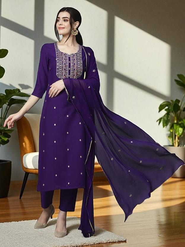     			BONISTA FASHION FOR ALL Women Cotton Embroidered A-line Kurti With Pants ( Purple )