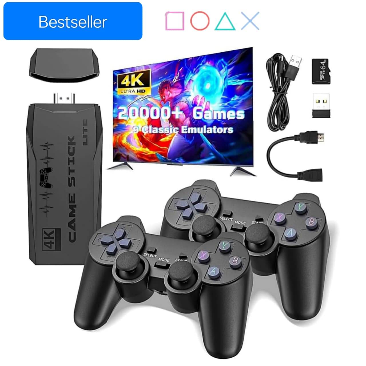     			Bestselling (Black) New 2025 Edition 2.4G Wireless Game Console with Dual Controllers | 20000+ Preloaded Classic 3D Games | 64GB Card | Plug & Play TV Hdmi Video Game System for Kids & Adults | Gaming Toy Gift for Boys & Girls