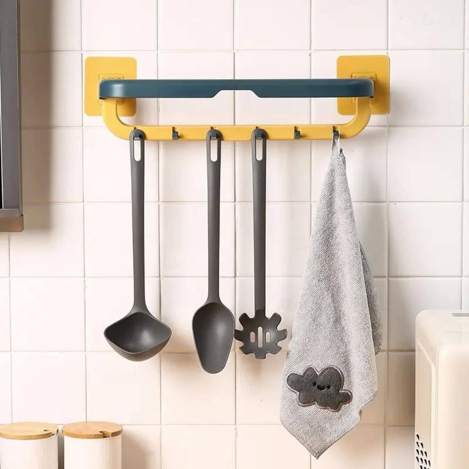     			Double Folding Towel bar Shelf Magic Sticker Series Self Adhesive Towel Rack Wall Mounted Double Bar Towel Holder with Hooks Adjustable Towel Hanger Rod use for Home Bedroom Bathroom