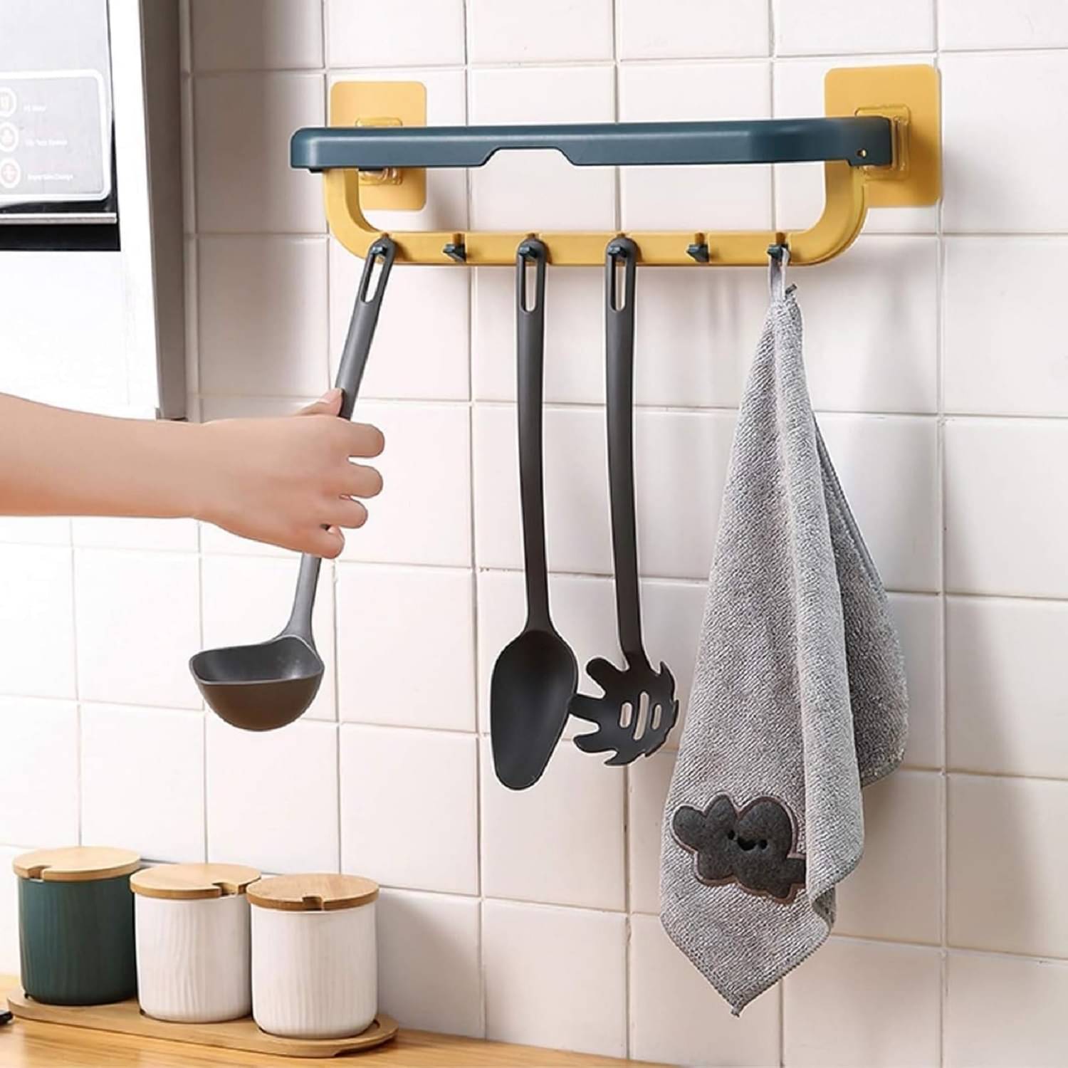     			Double Folding Towel bar Shelf Magic Sticker Series Self Adhesive Towel Rack Wall Mounted Double Bar Towel Holder with Hooks Adjustable Towel Hanger Rod use for Home Bedroom Bathroom
