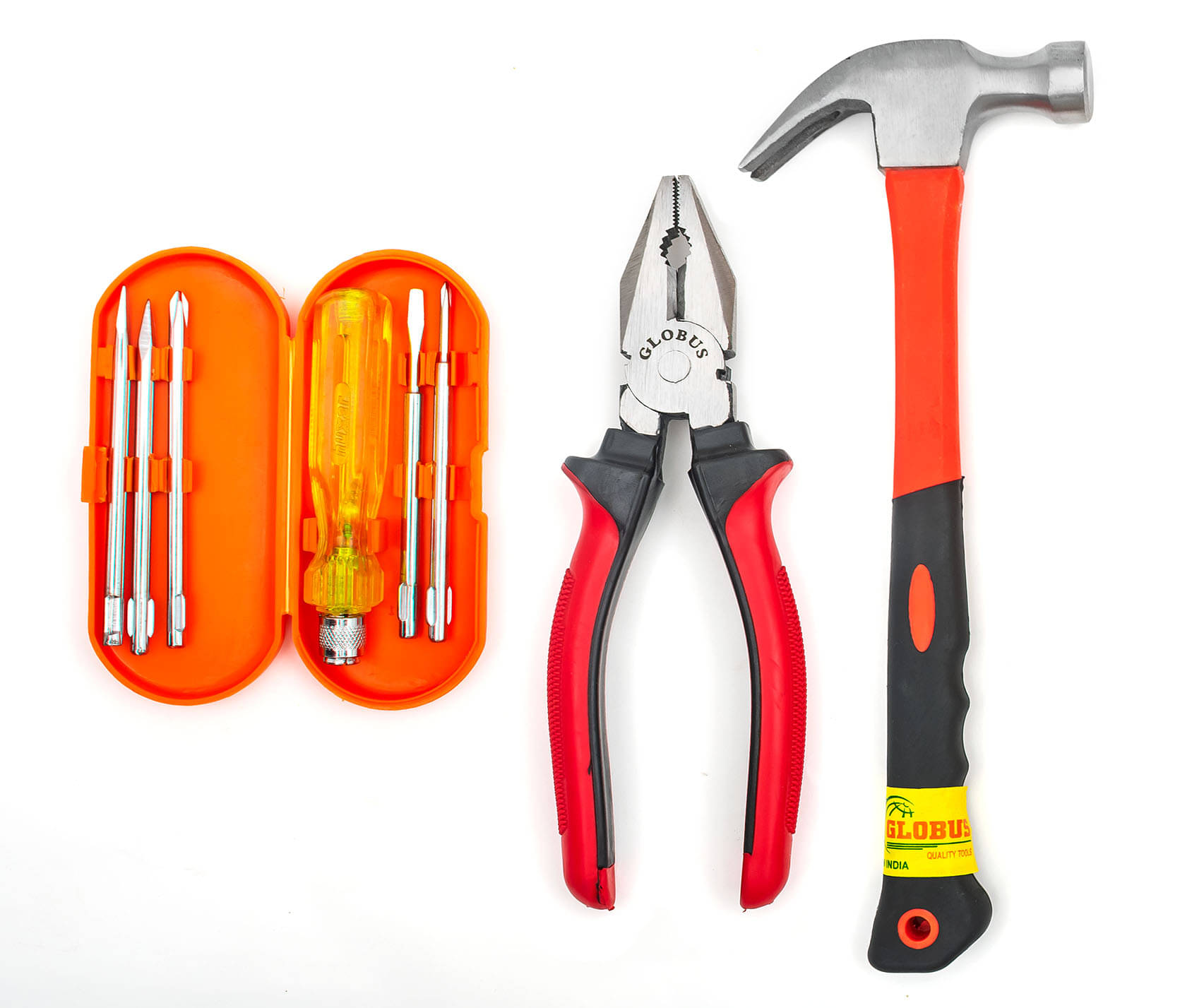 Globus 1603- Curved Claw Hammer (0.40 kg) & Combination Plier 8''(200 mm) & Combination SCREWDRIVER KIT Set/6 WITH TESTER IN BOX. Hand Tool Kit (3 Tools) Globus 1603- Curved Claw Hammer (0.40 kg) & Combination Plier 8''(200 mm) & Combination SCREWDRIVER KIT Set/6 WITH TESTER IN BOX. Hand Tool Kit (3 Tools)