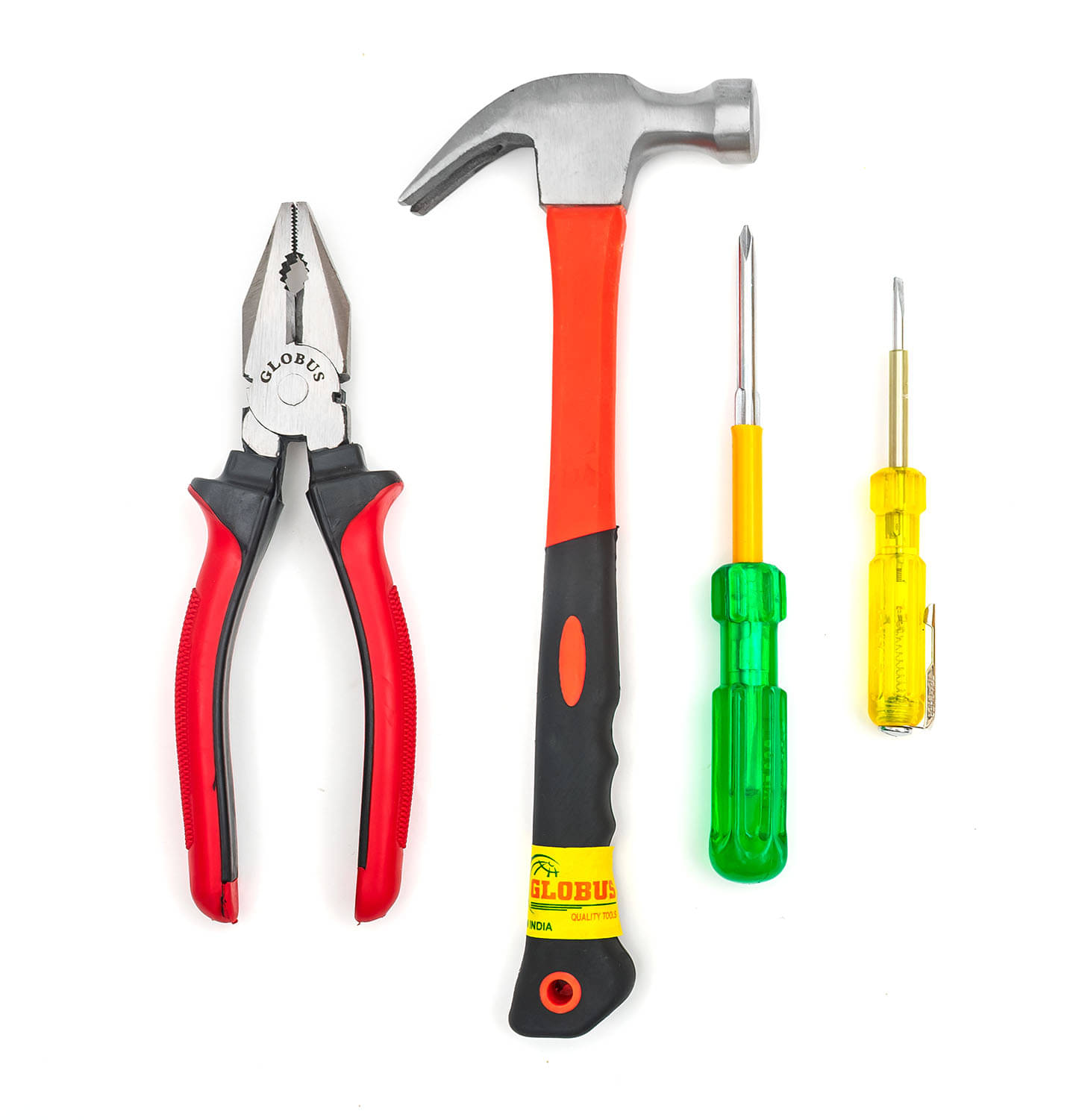 Globus 1605- Curved Claw Hammer FIBRE GLASS HANDLE (0.40 kg) & Combination Plier 8''(200 mm) & SCREWDRIVER 6 INCH (150mm) & Neon Bulb Electrical Line Tester (Yellow) (5''/125mm). Hand Tool Kit (3 Tools) Globus 1605- Curved Claw Hammer FIBRE GLASS HANDLE (0.40 kg) & Combination Plier 8''(200 mm) & SCREWDRIVER 6 INCH (150mm) & Neon Bulb Electrical Line Tester (Yellow) (5''/125mm). Hand Tool Kit (3 Tools)