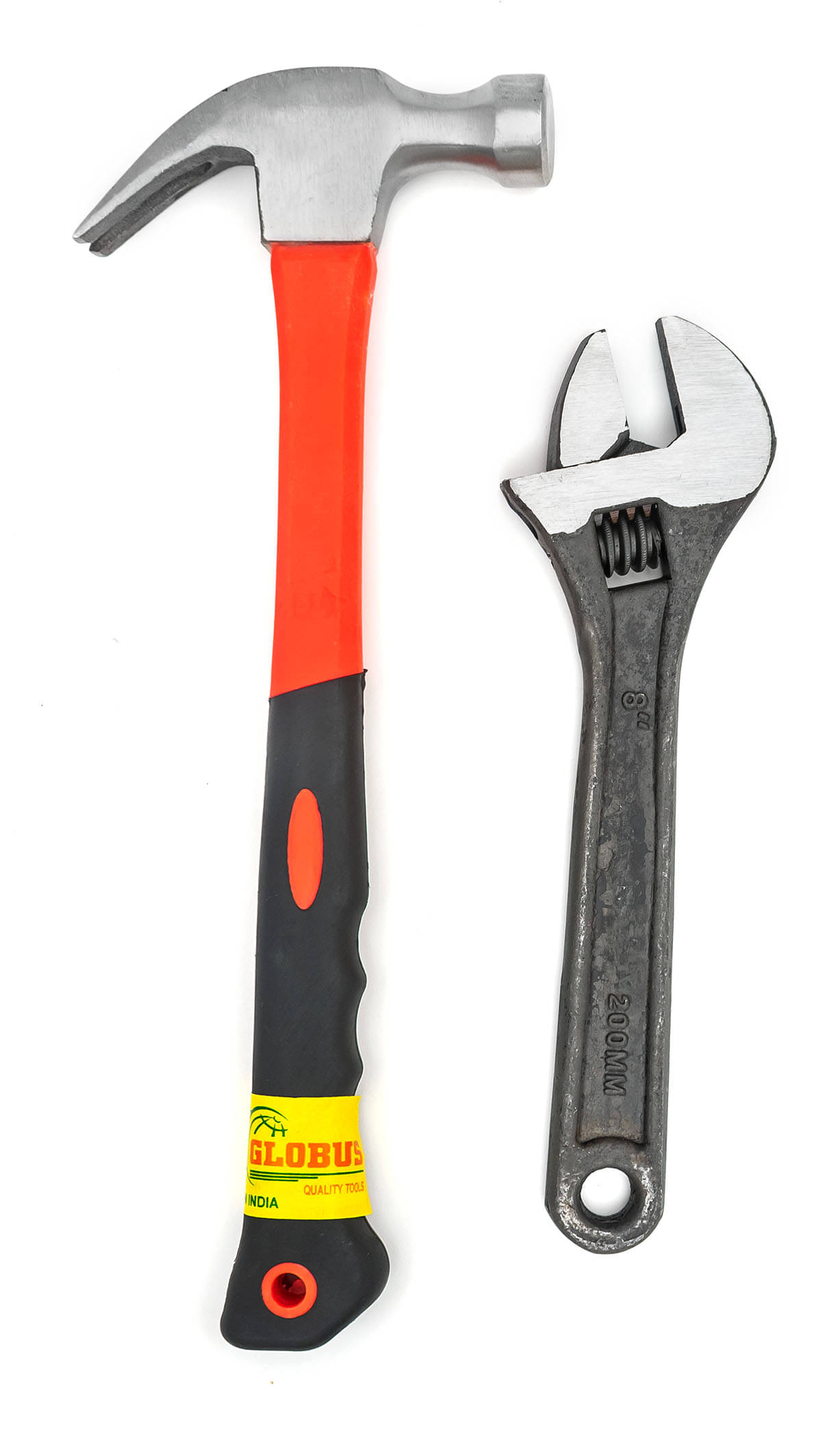    			Globus 1607- Curved Claw Hammer with FIBER GLASS Handle and Rubber SHOCK PROOF Grip (0.40 kg)& Adjustable Wrench/Spanner ,Forged Black (8inch/200mm) Single Sided Open End Wrench. Hand Tool Kit (2 Tools)