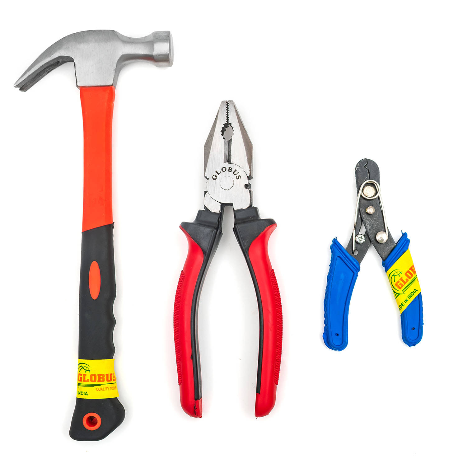     			Globus 1611-Curved Claw Hammer with FIBER GLASS Handle and Rubber SHOCK PROOF Grip (0.40 kg) & Combination Plier 8''(200 mm), & Wire Stripper/Cutter(5"/125MM). Hand Tool Kit (3 Tools).