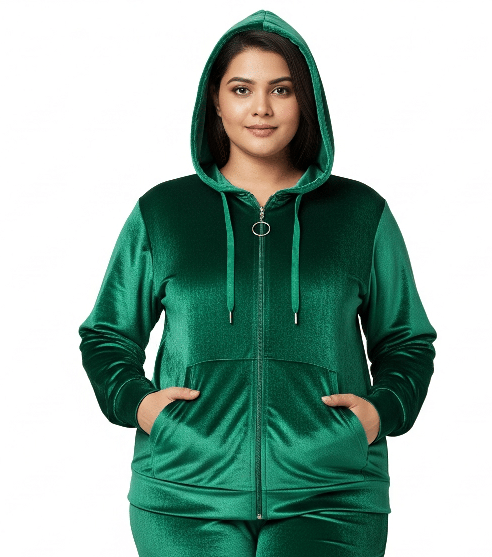 HeteShe - Velvet Green Hooded Jackets Pack of 1 HeteShe - Velvet Green Hooded Jackets Pack of 1