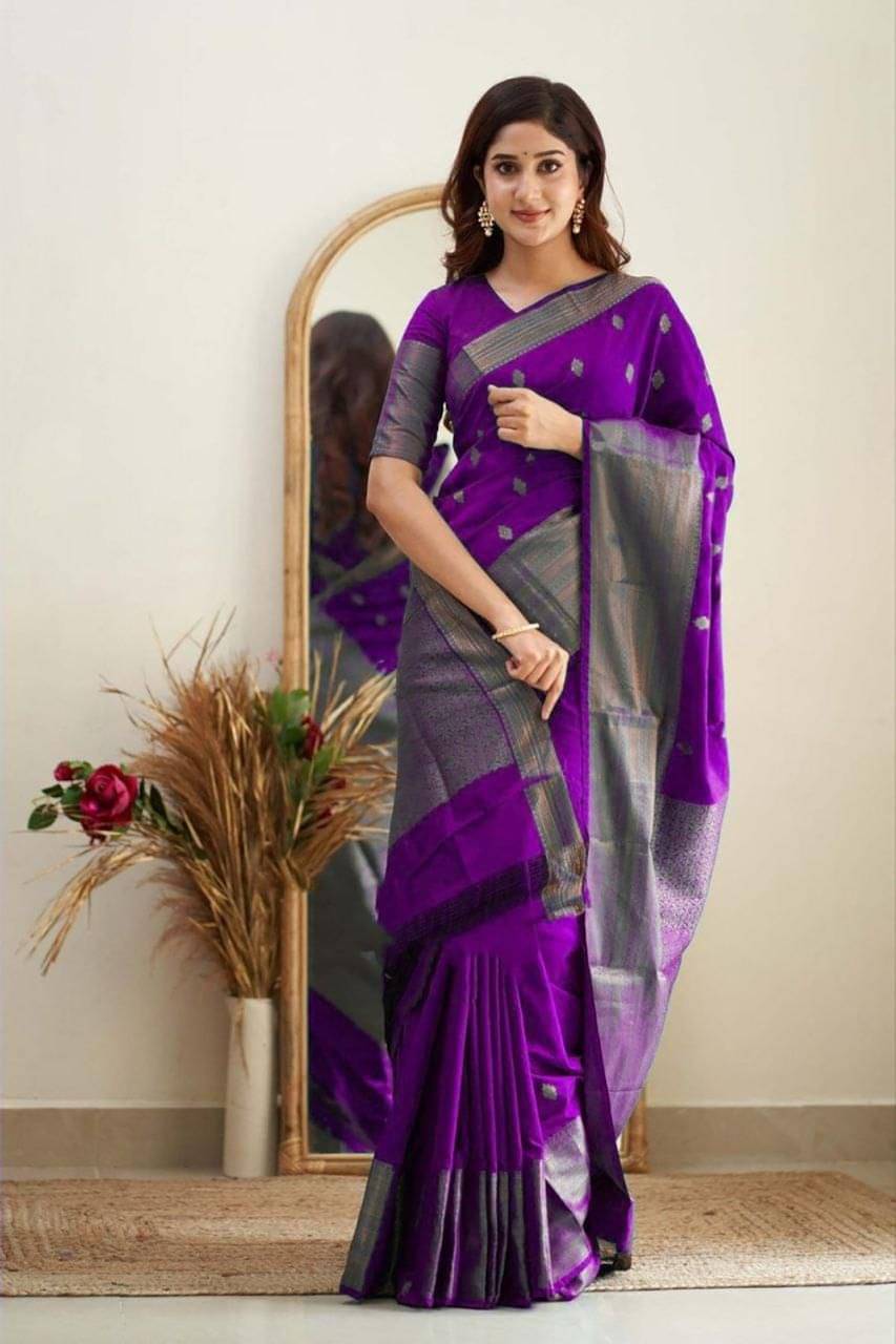     			INDIAN SILKS Silk Printed Banarasi saree With Unstitched Blouse Piece ( Purple )