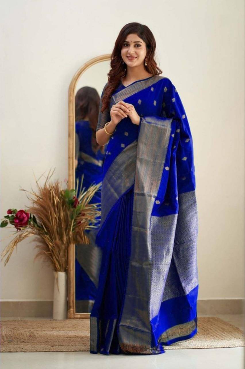 INDIAN SILKS Silk Printed Banarasi saree With Unstitched Blouse Piece ( Blue ) INDIAN SILKS Silk Printed Banarasi saree With Unstitched Blouse Piece ( Blue )