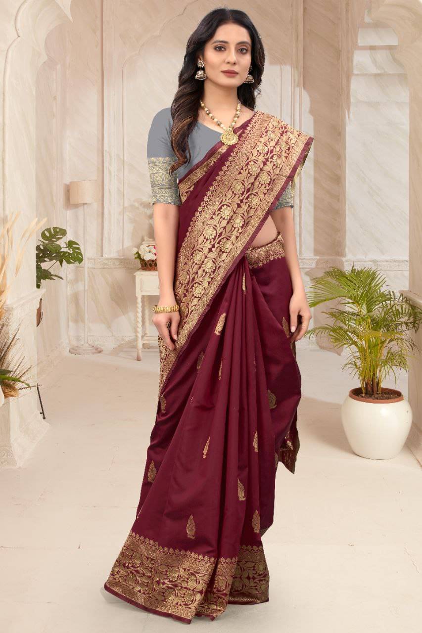 INDIAN SILKS Silk Printed Banarasi saree With Unstitched Blouse Piece ( Maroon ) INDIAN SILKS Silk Printed Banarasi saree With Unstitched Blouse Piece ( Maroon )