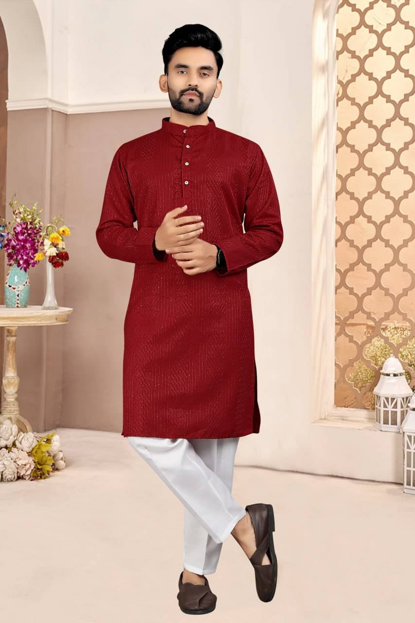 KC Kunj Creation Red Cotton Regular Fit Men's Kurta Pyjama Set ( Pack of 1 ) KC Kunj Creation Red Cotton Regular Fit Men's Kurta Pyjama Set ( Pack of 1 )
