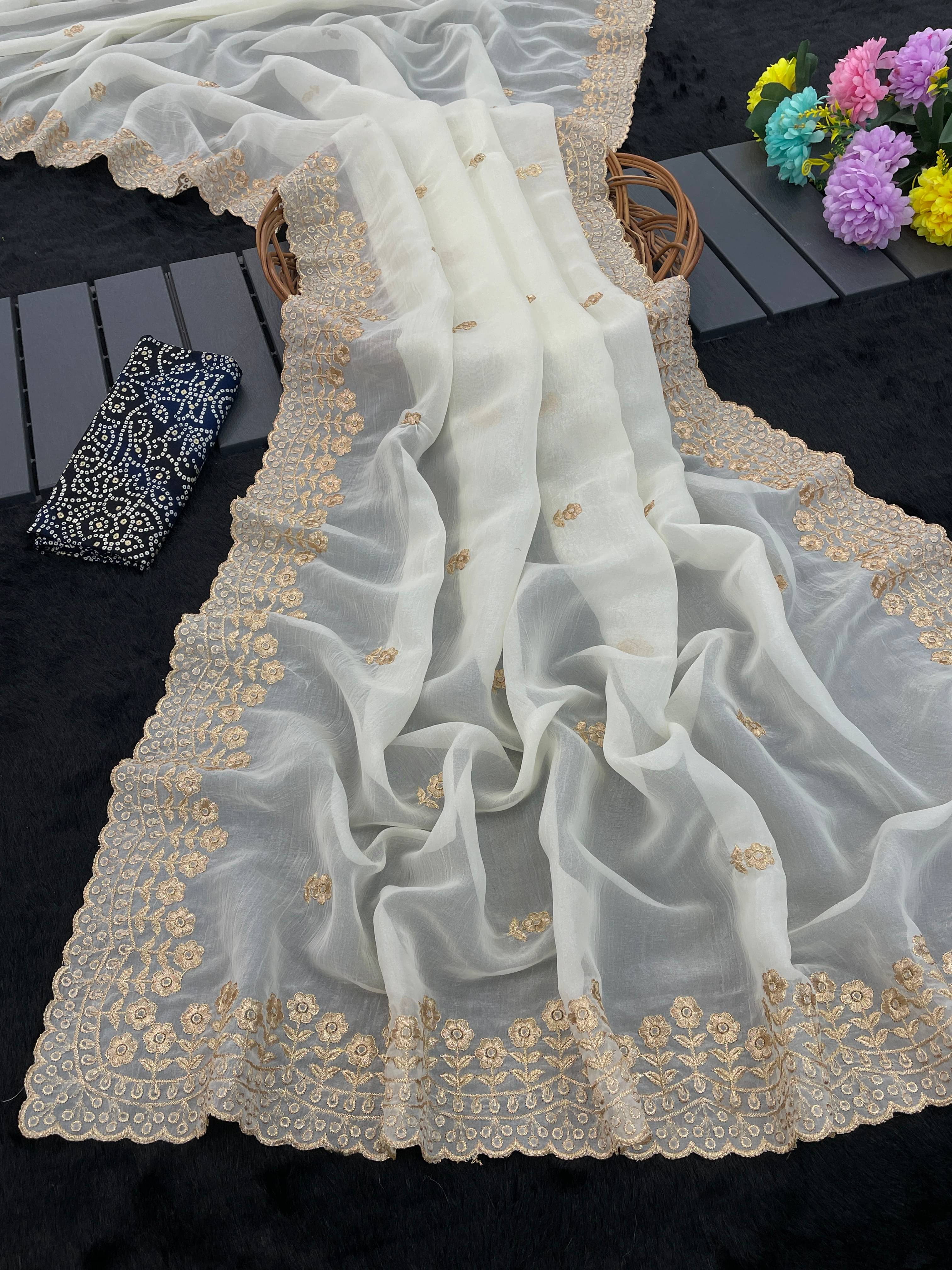     			Kandora Jimmy Choo Embroidered Bandhani Sarees With Unstitched Blouse Piece ( Navy Blue )