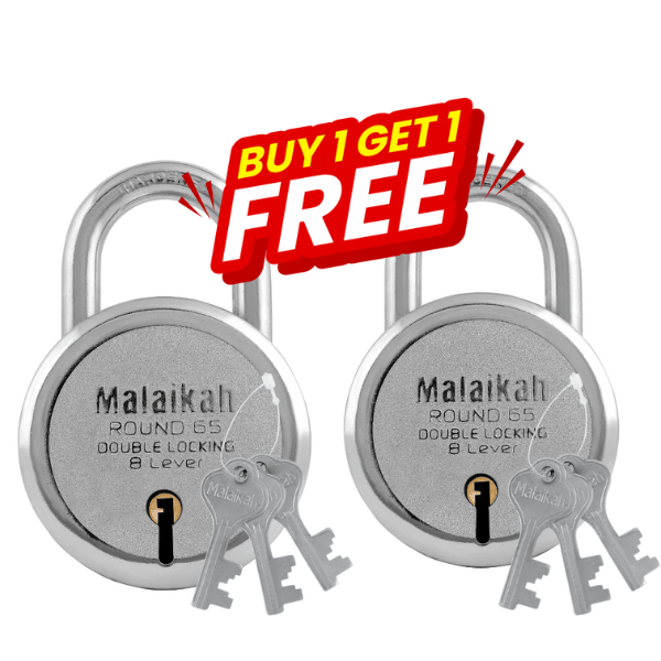    			Malaikah Buy 1 Get 1 Free 65mm Chrome Plating Lock & Key Padlock Made in Aligarh India | Heavy Duty Double Locking 8 Lever Security Lock | Eack Lock with 3 Keys | Durable Iron Body for Home, Office, Gate & Shutter Protection