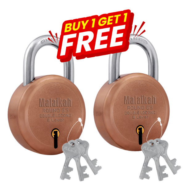 Malaikah Buy 1 Get 1 Free Rose Gold Round 65mm Lock & Key Padlock Made in Aligarh India | Heavy Duty Double Locking 8 Lever Security Lock | Eack Lock with 3 Keys | Durable Iron Body for Home, Office, Gate & Shutter Protection Malaikah Buy 1 Get 1 Free Rose Gold Round 65mm Lock & Key Padlock Made in Aligarh India | Heavy Duty Double Locking 8 Lever Security Lock | Eack Lock with 3 Keys | Durable Iron Body for Home, Office, Gate & Shutter Protection