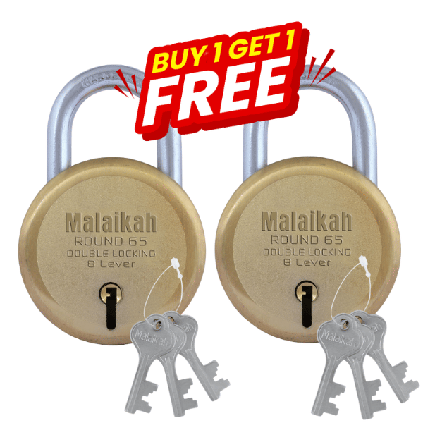 Malaikah Buy 1 Get 1 Free Gold Round 65mm Lock & Key Padlock Made in Aligarh India | Heavy Duty Double Locking 8 Lever Security Lock | Eack Lock with 3 Keys | Durable Iron Body for Home, Office, Gate & Shutter Protection Malaikah Buy 1 Get 1 Free Gold Round 65mm Lock & Key Padlock Made in Aligarh India | Heavy Duty Double Locking 8 Lever Security Lock | Eack Lock with 3 Keys | Durable Iron Body for Home, Office, Gate & Shutter Protection