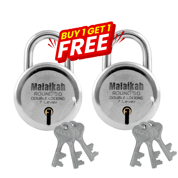 Malaikah Buy 1 Get 1 Free Round 50mm Chrome Plating Lock & Key Padlock Made in Aligarh India | Heavy Duty Double Locking 7 Lever Security Lock | Eack Lock with 3 Keys | Durable Iron Body for Home, Office, Gate & Shutter Protection     			Malaikah Buy 1 Get 1 Free Round 50mm Chrome Plating Lock & Key Padlock Made in Aligarh India | Heavy Duty Double Locking 7 Lever Security Lock | Eack Lock with 3 Keys | Durable Iron Body for Home, Office, Gate & Shutter Protection