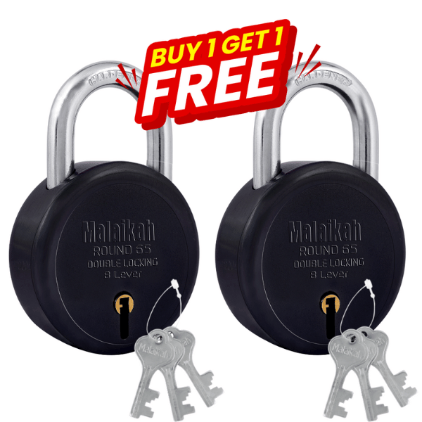 Malaikah Buy 1 Get 1 Free Black Round 65mm Lock & Key Padlock Made in Aligarh India | Heavy Duty Double Locking 8 Lever Security Lock | Eack Lock with 3 Keys | Durable Iron Body for Home, Office, Gate & Shutter Protection Malaikah Buy 1 Get 1 Free Black Round 65mm Lock & Key Padlock Made in Aligarh India | Heavy Duty Double Locking 8 Lever Security Lock | Eack Lock with 3 Keys | Durable Iron Body for Home, Office, Gate & Shutter Protection
