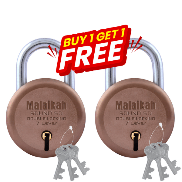     			Malaikah Buy 1 Get 1 Free Rose Gold Round 50mm Lock & Key Padlock Made in Aligarh India | Heavy Duty Double Locking 7 Lever Security Lock | Eack Lock with 3 Keys | Durable Iron Body for Home, Office, Gate & Shutter Protection