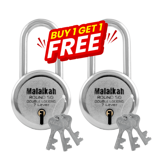     			Malaikah Buy 1 Get 1 Free 50mm Long Shackle Lock & Key Padlock Made in Aligarh India | Heavy Duty Double Locking 7 Lever Security Lock | Eack Lock with 3 Keys | Durable Iron Body for Home, Office, Gate & Shutter Protection