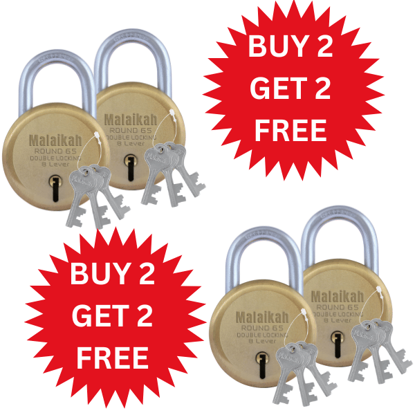 Malaikah Buy 2 Get 2 Free Gold Round 65mm Lock & Key Padlock Made in Aligarh India | Heavy Duty Double Locking 8 Lever Security Lock | Eack Lock with 3 Keys | Durable Iron Body for Home, Office, Gate & Shutter Protection Malaikah Buy 2 Get 2 Free Gold Round 65mm Lock & Key Padlock Made in Aligarh India | Heavy Duty Double Locking 8 Lever Security Lock | Eack Lock with 3 Keys | Durable Iron Body for Home, Office, Gate & Shutter Protection