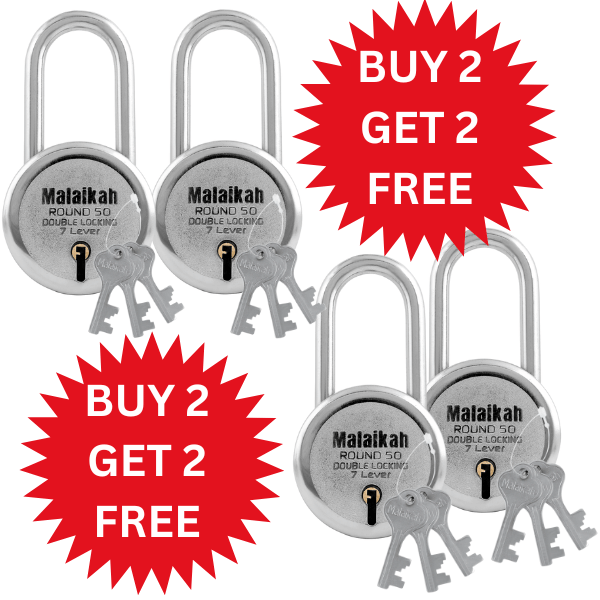     			Malaikah Buy 2 Get 2 Free 50mm Long Shackle Lock & Key Padlock Made in Aligarh India | Heavy Duty Double Locking 7 Lever Security Lock | Eack Lock with 3 Keys | Durable Iron Body for Home, Office, Gate & Shutter Protection