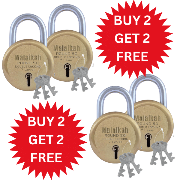 Malaikah Buy 2 Get 2 Free Gold Round 50mm Lock & Key Padlock Made in Aligarh India | Heavy Duty Double Locking 7 Lever Security Lock | Eack Lock with 3 Keys | Durable Iron Body for Home, Office, Gate & Shutter Protection Malaikah Buy 2 Get 2 Free Gold Round 50mm Lock & Key Padlock Made in Aligarh India | Heavy Duty Double Locking 7 Lever Security Lock | Eack Lock with 3 Keys | Durable Iron Body for Home, Office, Gate & Shutter Protection