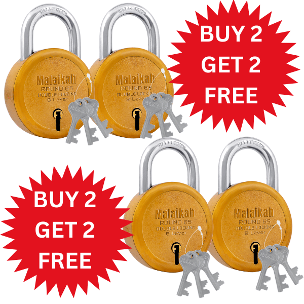 Malaikah Buy 2 Get 2 Free Dark Gold Round 65mm Lock & Key Padlock Made in Aligarh India | Heavy Duty Double Locking 8 Lever Security Lock | Eack Lock with 3 Keys | Durable Iron Body for Home, Office, Gate & Shutter Protection Malaikah Buy 2 Get 2 Free Dark Gold Round 65mm Lock & Key Padlock Made in Aligarh India | Heavy Duty Double Locking 8 Lever Security Lock | Eack Lock with 3 Keys | Durable Iron Body for Home, Office, Gate & Shutter Protection