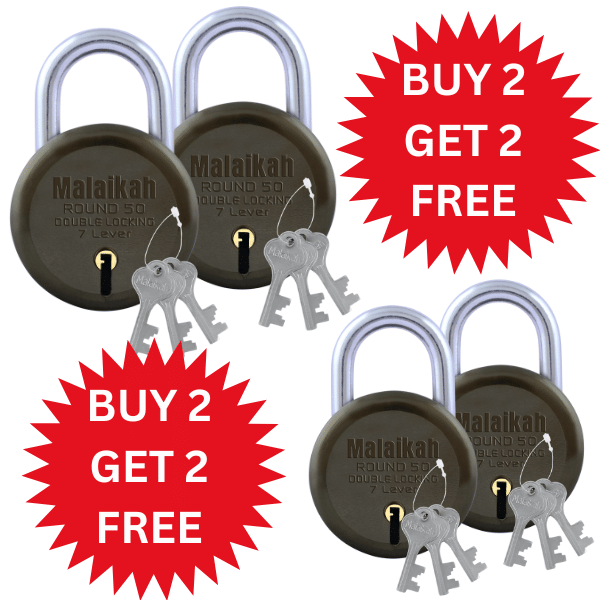     			Malaikah Buy 2 Get 2 Free Green Round 50mm Lock & Key Padlock Made in Aligarh India | Heavy Duty Double Locking 7 Lever Security Lock | Eack Lock with 3 Keys | Durable Iron Body for Home, Office, Gate & Shutter Protection
