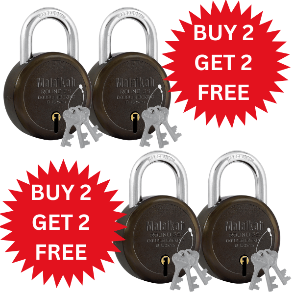     			Malaikah Buy 2 Get 2 Free Green Round 65mm Lock & Key Padlock Made in Aligarh India | Heavy Duty Double Locking 8 Lever Security Lock | Eack Lock with 3 Keys | Durable Iron Body for Home, Office, Gate & Shutter Protection