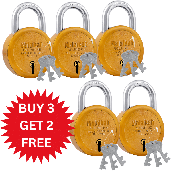     			Malaikah Buy 3 Get 2 Free Dark Gold Round 65mm Lock & Key Padlock Made in Aligarh India | Heavy Duty Double Locking 8 Lever Security Lock | Eack Lock with 3 Keys | Durable Iron Body for Home, Office, Gate & Shutter Protection