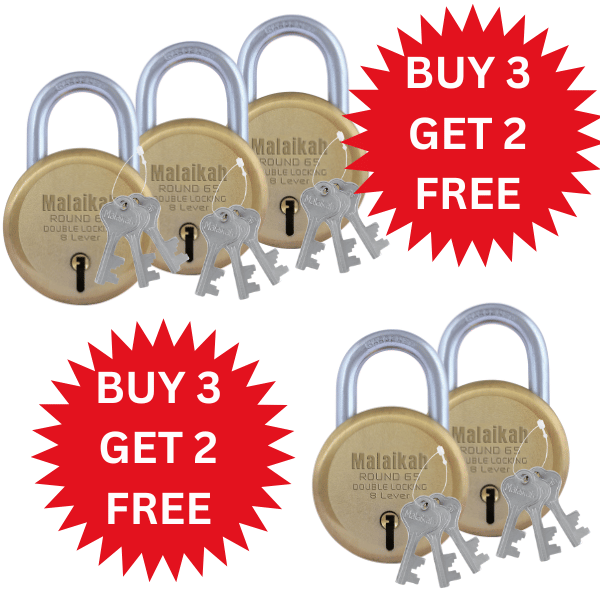 Malaikah Buy 3 Get 2 Free Gold Round 65mm Lock & Key Padlock Made in Aligarh India | Heavy Duty Double Locking 8 Lever Security Lock | Eack Lock with 3 Keys | Durable Iron Body for Home, Office, Gate & Shutter Protection Malaikah Buy 3 Get 2 Free Gold Round 65mm Lock & Key Padlock Made in Aligarh India | Heavy Duty Double Locking 8 Lever Security Lock | Eack Lock with 3 Keys | Durable Iron Body for Home, Office, Gate & Shutter Protection