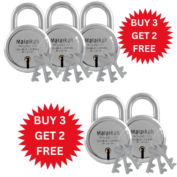 Malaikah Buy 3 Get 2 Free 65mm Chrome Plating Lock & Key Padlock Made in Aligarh India | Heavy Duty Double Locking 8 Lever Security Lock | Eack Lock with 3 Keys | Durable Iron Body for Home, Office, Gate & Shutter Protection Malaikah Buy 3 Get 2 Free 65mm Chrome Plating Lock & Key Padlock Made in Aligarh India | Heavy Duty Double Locking 8 Lever Security Lock | Eack Lock with 3 Keys | Durable Iron Body for Home, Office, Gate & Shutter Protection